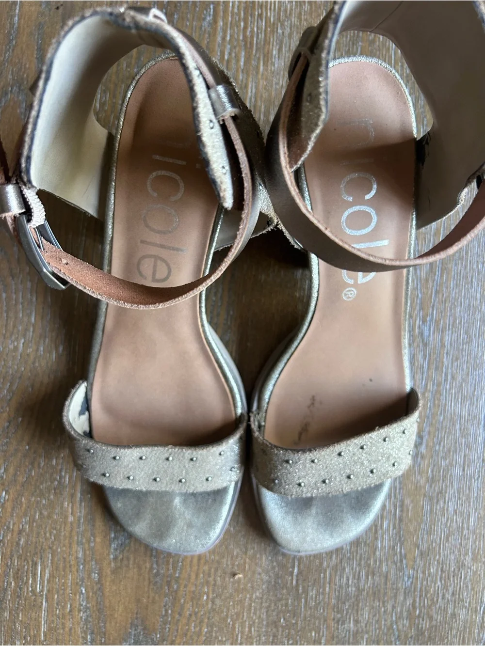 Nicole Metallic Studded Ankle-Strap Block Heel Sandal